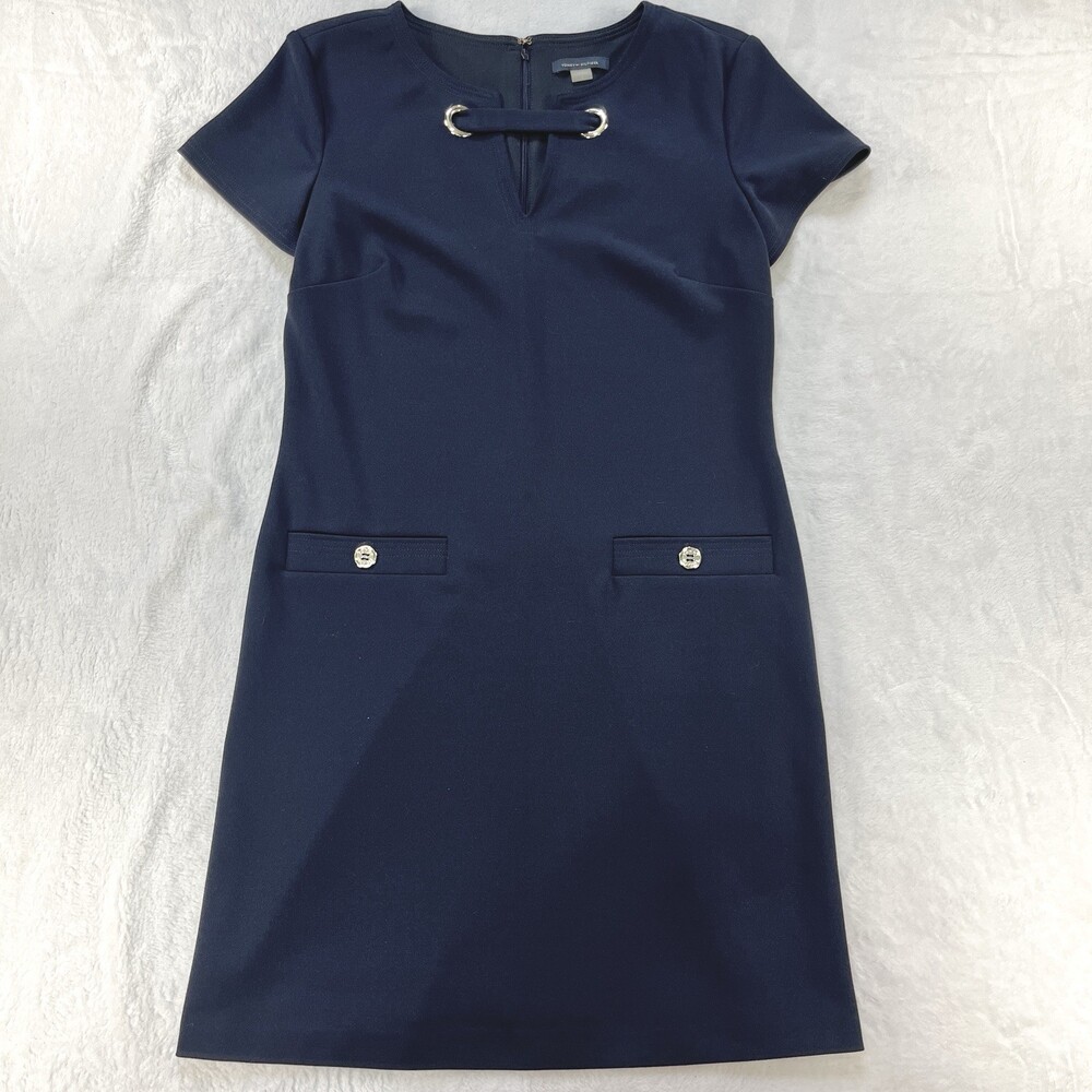 Tommy Hilfiger Navy Blue Cap Sleeve Sheath Dress Gold Hardware Workwear Size 6